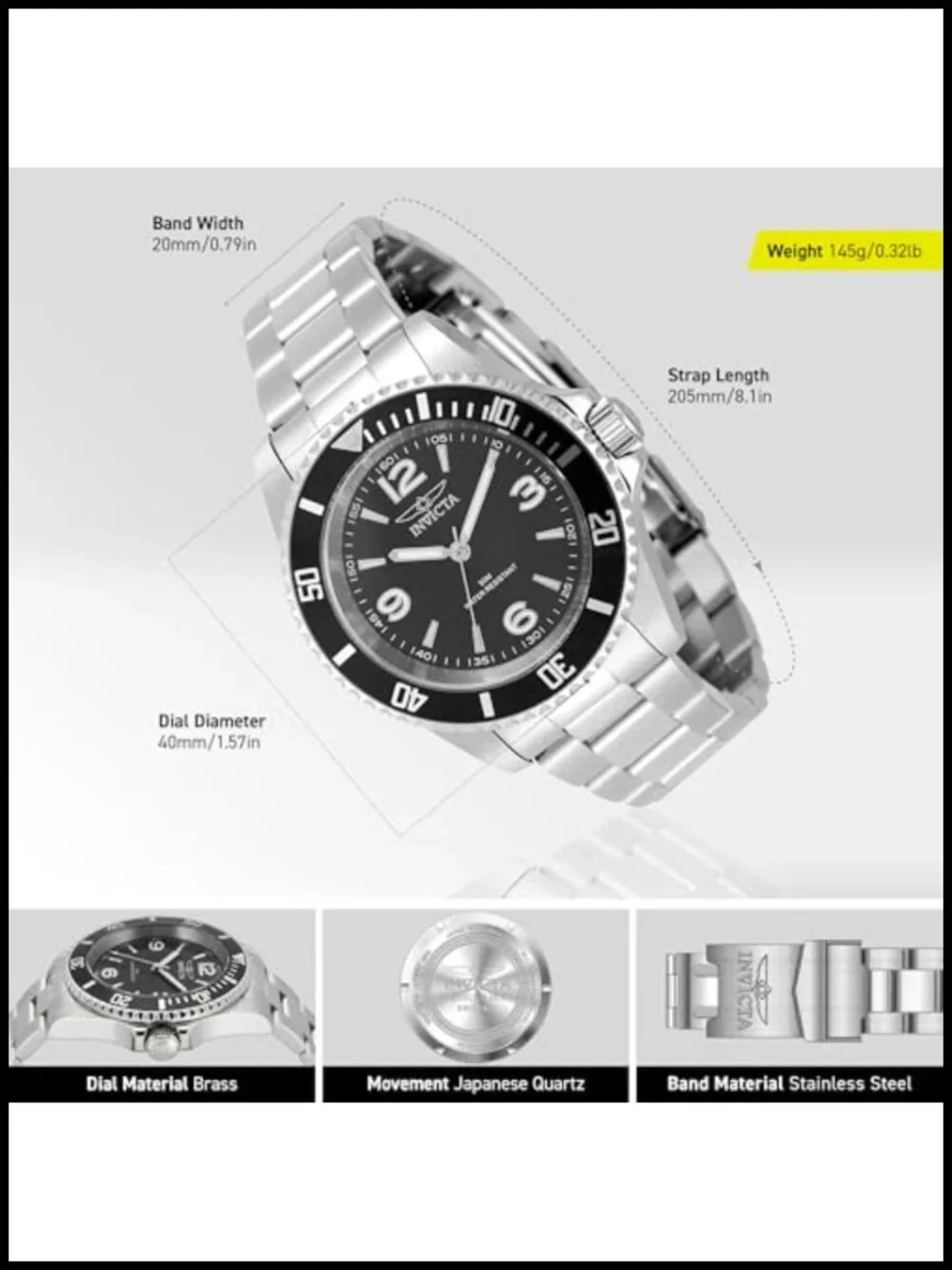 Mens 40mm Stainless Steel Quartz Watch 50m Water Resistant